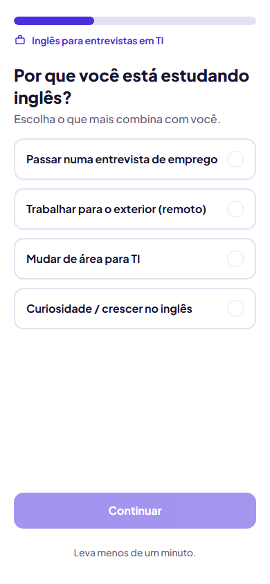 Onboarding do Stackfluent escolhendo o objetivo