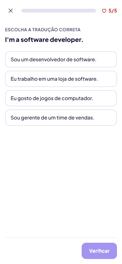 Tela de lição do Stackfluent com exercício de tradução