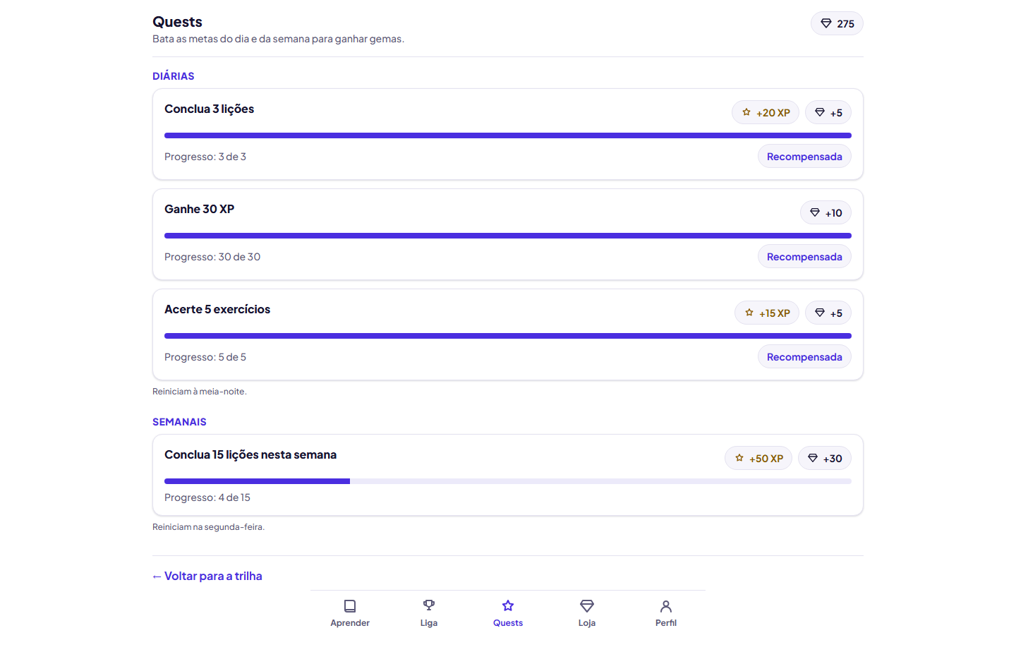 Tela de metas diárias do Stackfluent
